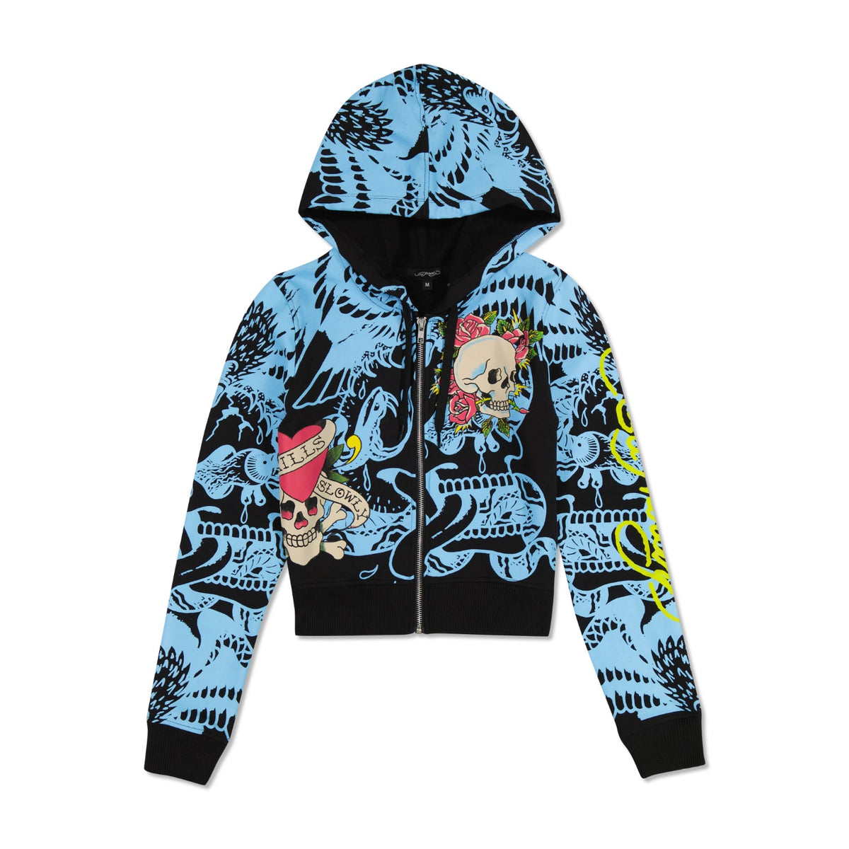LKS Skull Zip Cropped Fleece Hoodie Black | Ed Hardy
