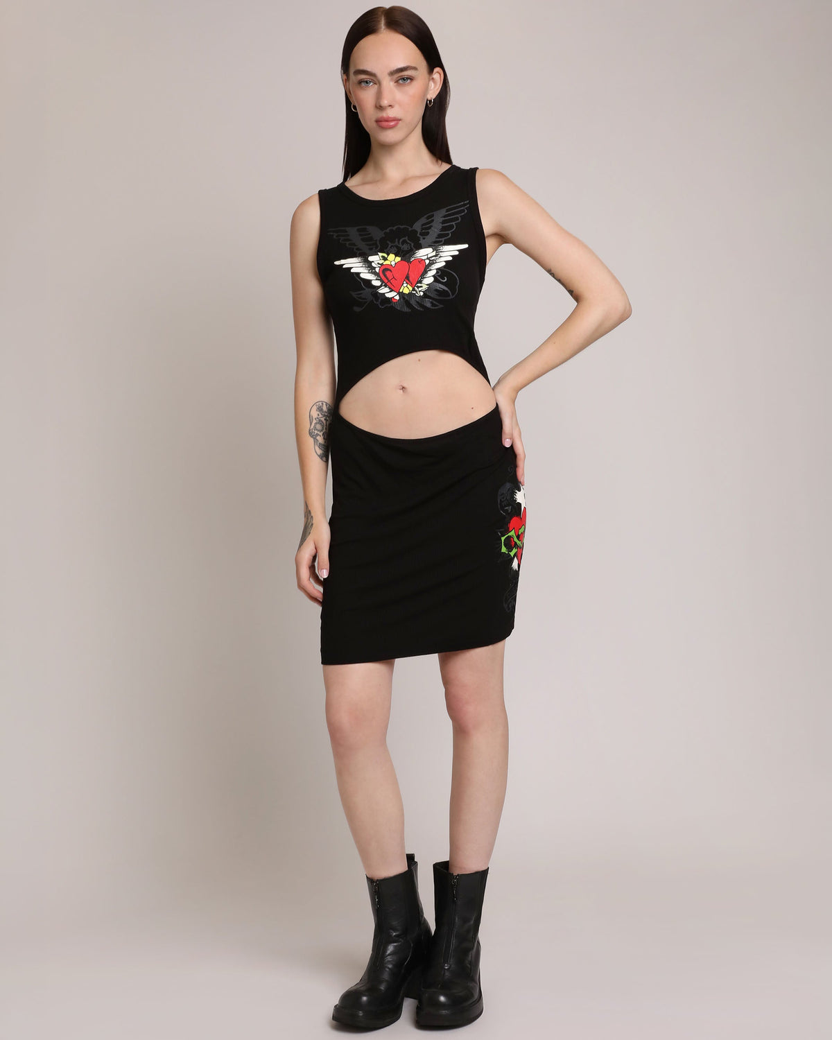 Heart Wings Cut Out Rib Tank Dress BLACK | Ed Hardy