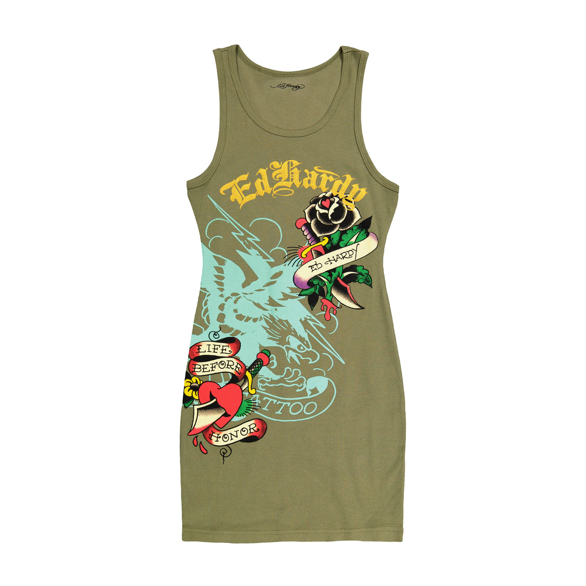 Black Rose Rib Tank Dress LIGHT OLIVE | Ed Hardy