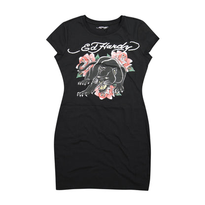 Panther Roses Short Sleeve Tee Dress BLACK | Ed Hardy