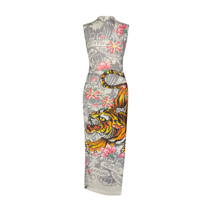 Crawling Tiger Print Mesh Maxi Dress IVORY | Ed Hardy