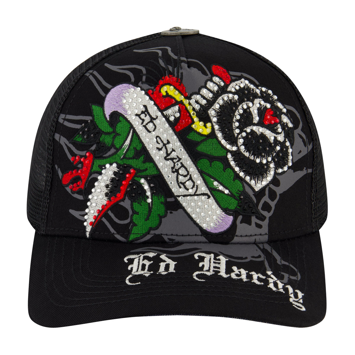 Black Rose Rhinestone Trucker Hat BLACK | Ed Hardy