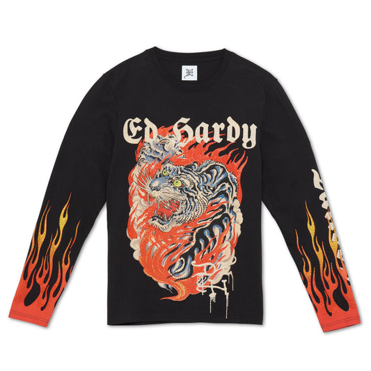 Limited Edition Rhinestone Fire Tiger Ls Tee FADED BLACK | Ed Hardy