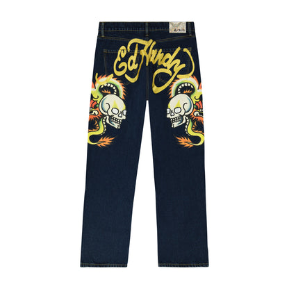 Dragon Skull Baggy Wide Leg Jean RAW | Ed Hardy