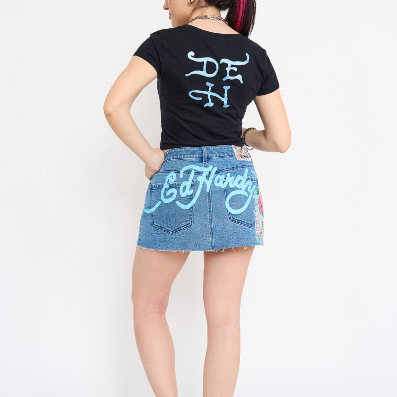 Diamond Flower Denim Skirt WASHED BLUE1 | Ed Hardy