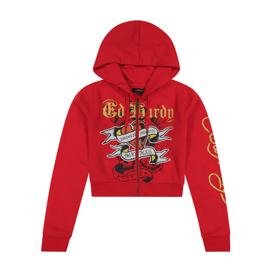 Broken Hearts Cherry Zip Front Cropped Hoodie Cherry | Ed Hardy