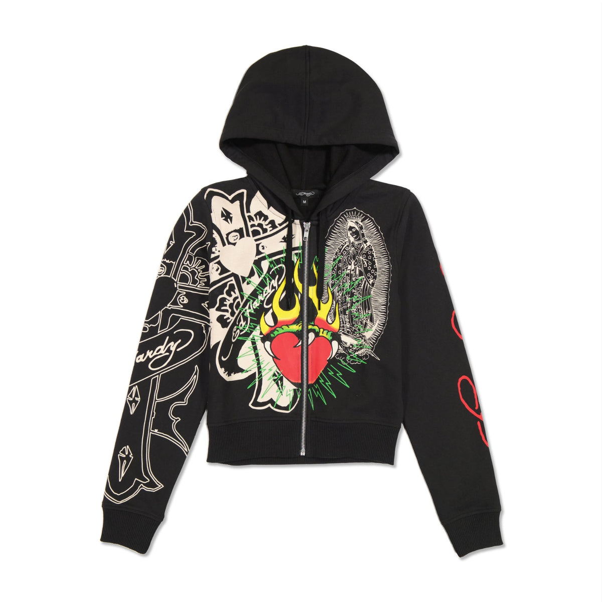 Sacred Heart Cropped Zip Fleece Hoodie Black | Ed Hardy