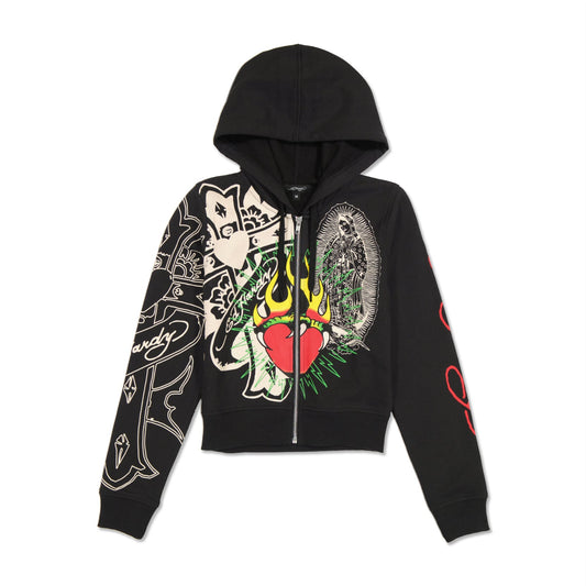 Sacred Heart Cropped Zip Fleece Hoodie Black | Ed Hardy