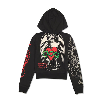 Sacred Heart Cropped Zip Fleece Hoodie Black | Ed Hardy