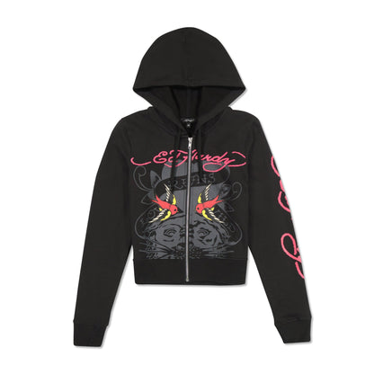 Tiger Swallow Cropped Zip Fleece Hoodie Black | Ed Hardy