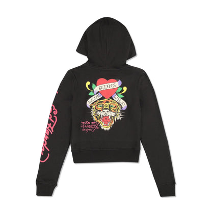 Tiger Swallow Cropped Zip Fleece Hoodie Black | Ed Hardy