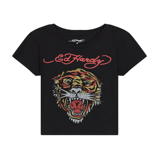 Tiger Head Rhinestone Baby Tee Black | Ed Hardy