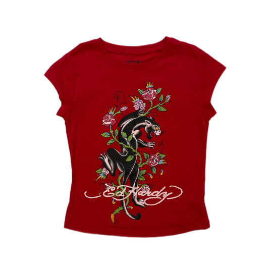 Panther Rhinestone Cap Sleeve Tee CHERRY | Ed Hardy