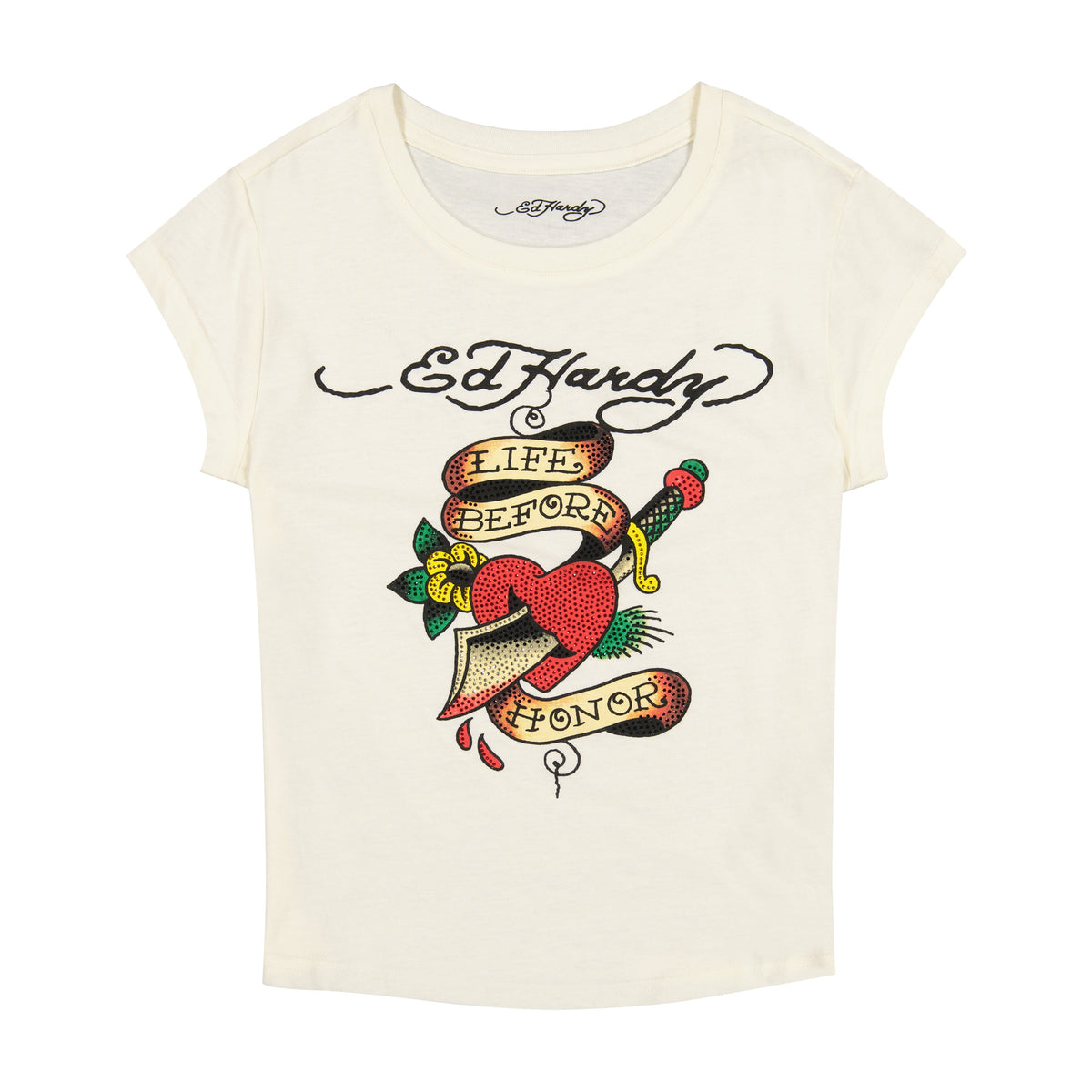 Heart Sword Rhinestone Cap Sleeve Tee Ivory | Ed Hardy