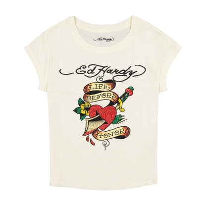 Heart Sword Rhinestone Cap Sleeve Tee Ivory | Ed Hardy