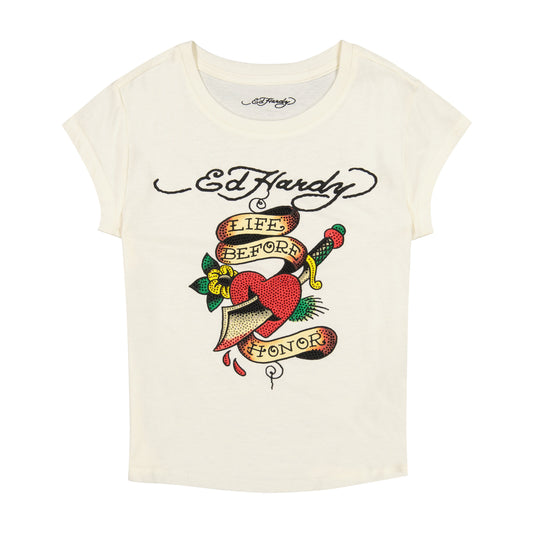 Heart Sword Rhinestone Cap Sleeve Tee Ivory | Ed Hardy