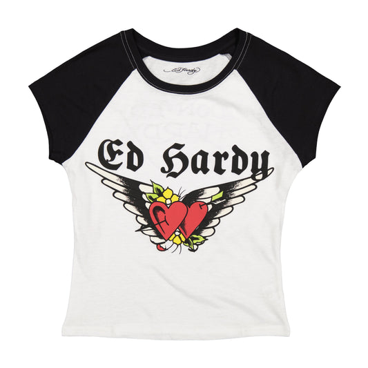 Heart Wings Raglan Cap Sleeve Tee BLACK / WHITE | Ed Hardy