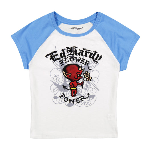 Devil Flower Raglan Cap Sleeve Tee WHITE / BLUE | Ed Hardy
