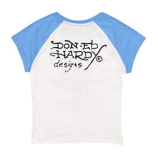 Devil Flower Raglan Cap Sleeve Tee WHITE / BLUE | Ed Hardy