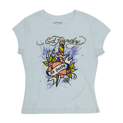 Dagger Heart Cap Sleeve Fitted Tee ARCTIC BLUE | Ed Hardy
