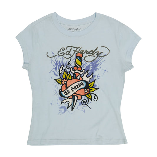Dagger Heart Cap Sleeve Fitted Tee ARCTIC BLUE | Ed Hardy
