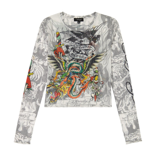 Mesh Layered Dragon Dagger Long Sleeve Stone | Ed Hardy