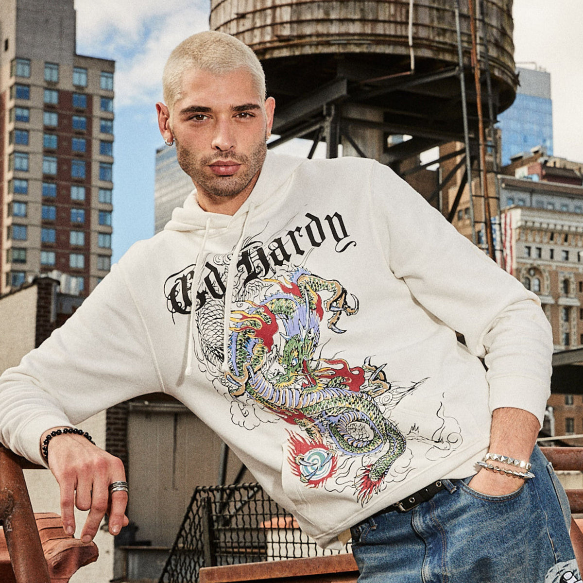 Japan Dragon Ivory Pullover Hoodie IVORY | Ed Hardy