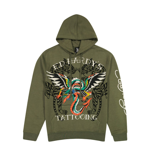 Dragon Wings Olive Pullover Hoodie OLIVE | Ed Hardy