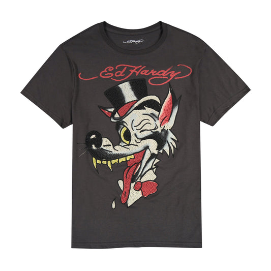Wolf Head Throwback Rhinestone Tee CHARCOAL | Ed Hardy