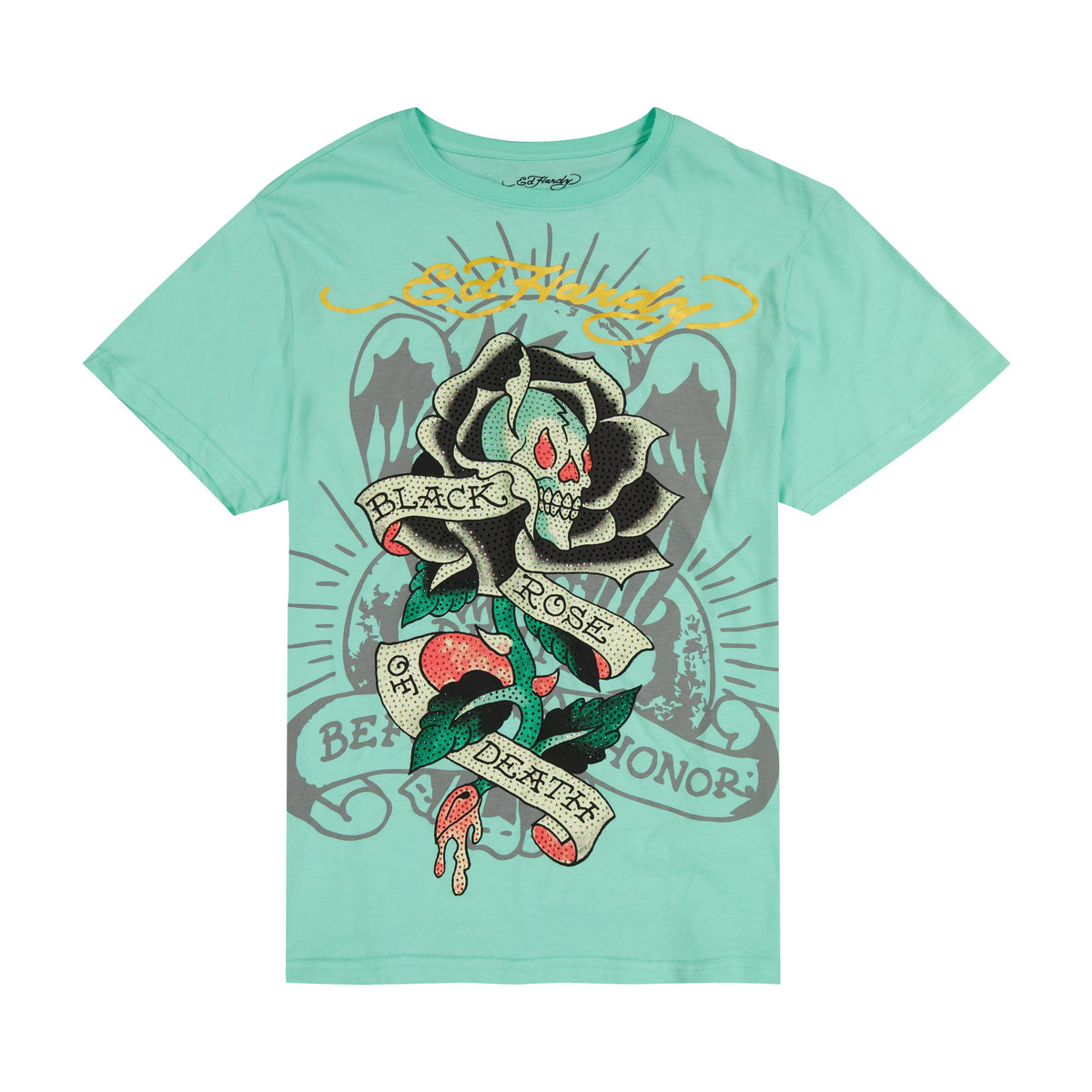 Black Rose Throwback Rhinestone Tee MINT | Ed Hardy