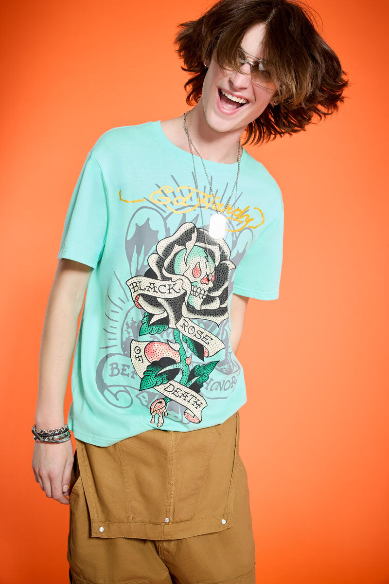 Black Rose Throwback Rhinestone Tee MINT | Ed Hardy