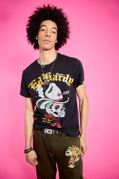 Cowboy Skull Throwback Rhinestone Tee BLACK | Ed Hardy