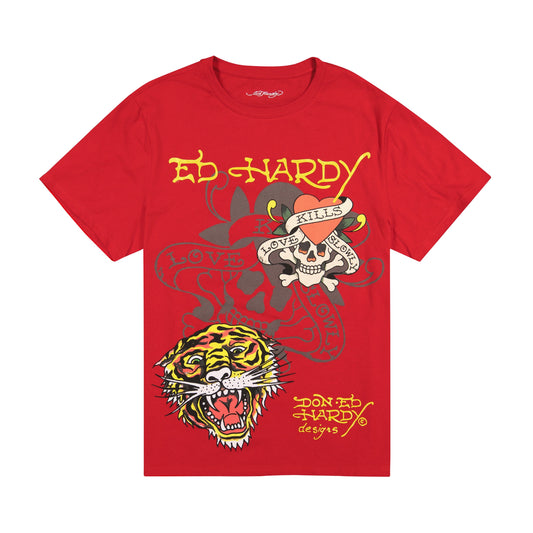 Tiger Skull Multi Tattoo Tee RED | Ed Hardy