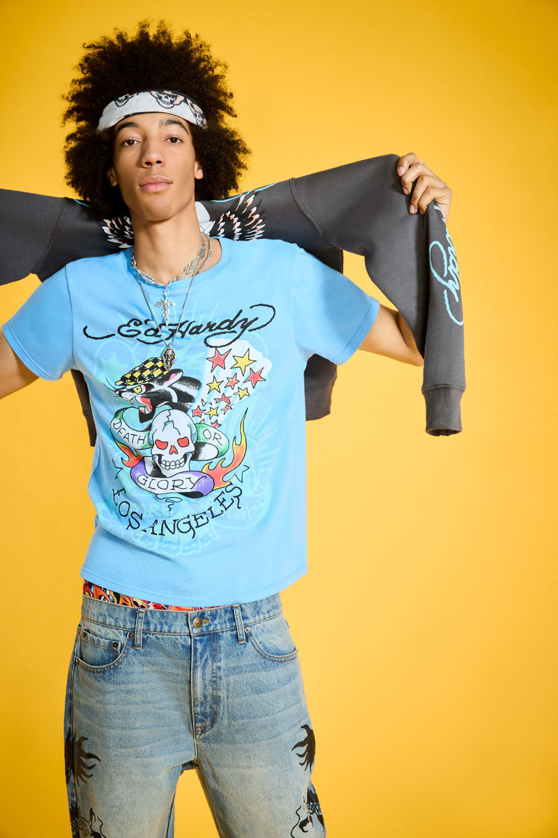 Skull Panther Throwback Graphic Tee POWDER BLUE | Ed Hardy