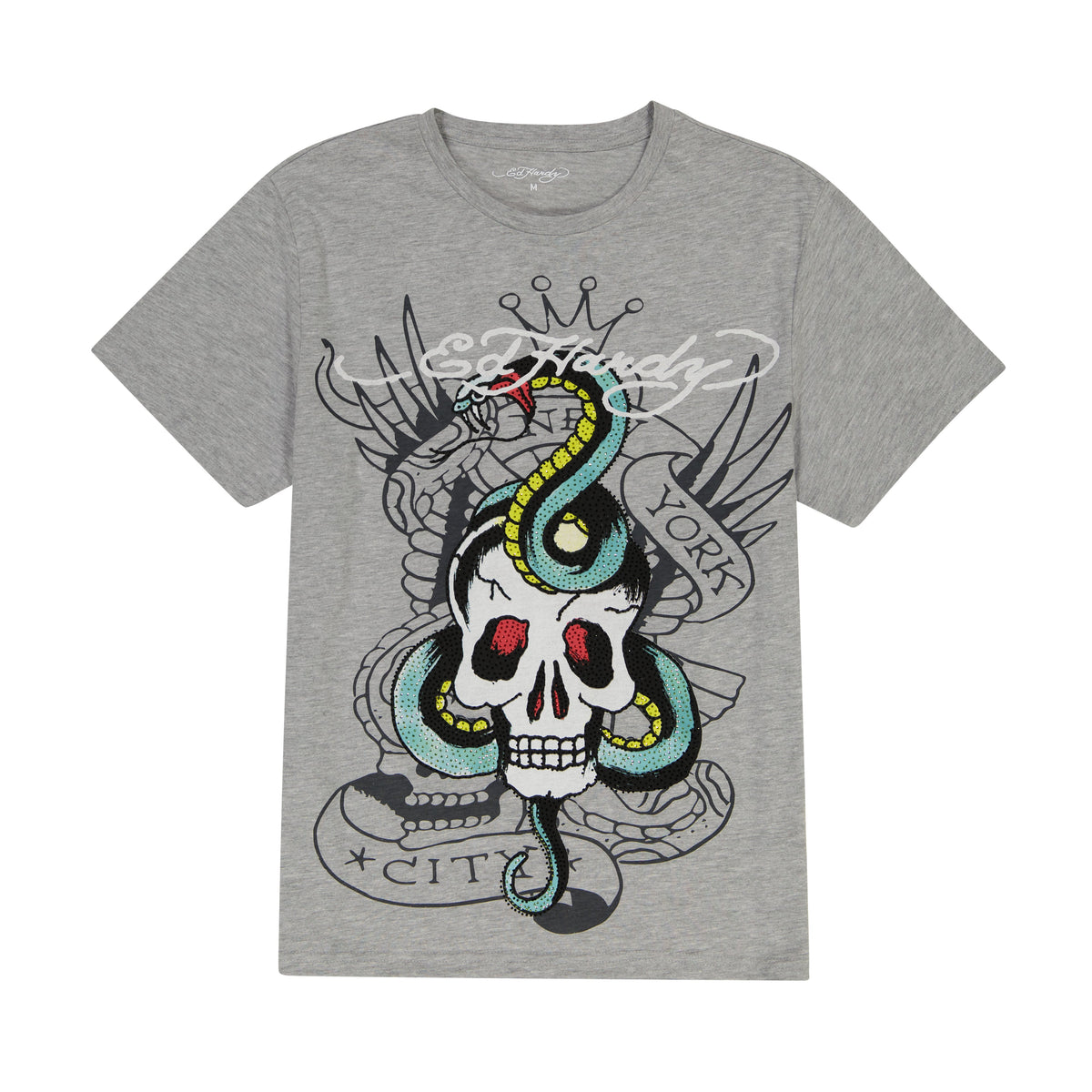 Rhinestone Skull Snake Tee Heather Gray | Ed Hardy