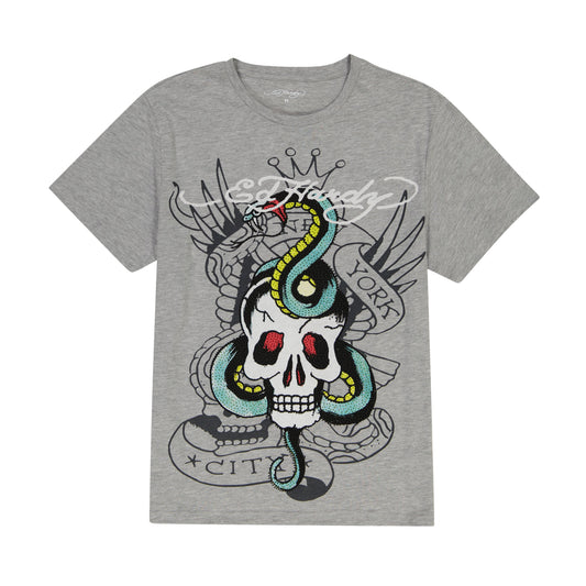 Rhinestone Skull Snake Tee Heather Gray | Ed Hardy