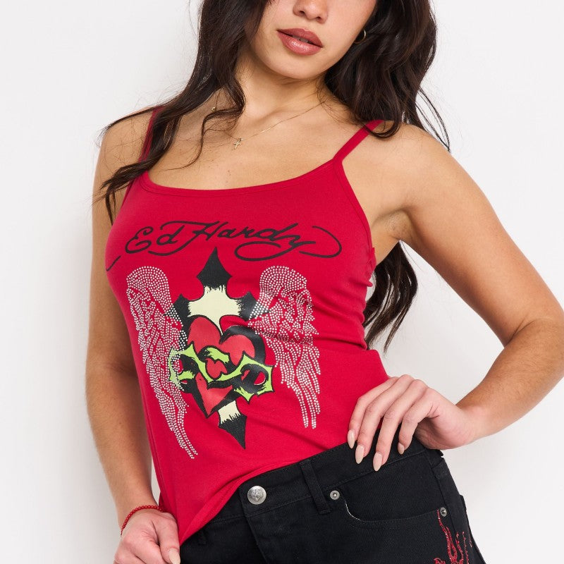 Sacred Heart Wings Stretch Cotton Cami CHERRY | Ed Hardy